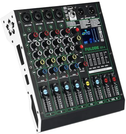 FULODE DT-4 Professioneller 4-K-Audio-Mixer, DJ-Controller-Soundboard-Mixing mit 99 DSP-Effekten, 5-Band EQ/4 XLR-Schnittstellen und USB für Live-Streaming und Aufnahme, 48 V Phantomspeisung und