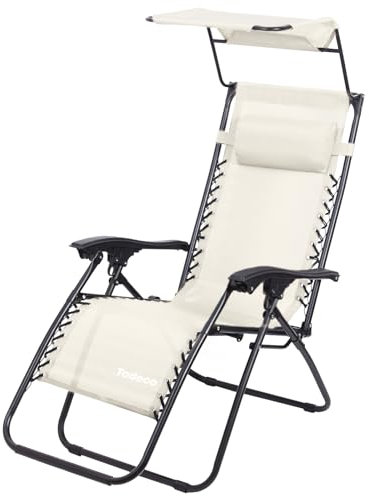 Todeco Liegestuhl klappbar mit Sonnenschutz, Sonnenstuhl mit abziehbare Kissen, Max Belastbarkeit 100kg, Strandliegestuhl leicht, Beige