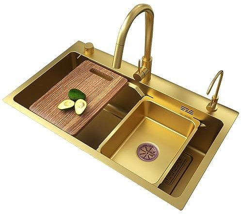CAFIEDR Fregadero de Cocina bajo encimera Dorado de un Solo Seno con Tabla de Cortar y escurridor, Dorado - 65 x 45 x 21 cm/Dorado / 68 x 45 x 21 cm(Oro 75 * 45 * 21 cm)