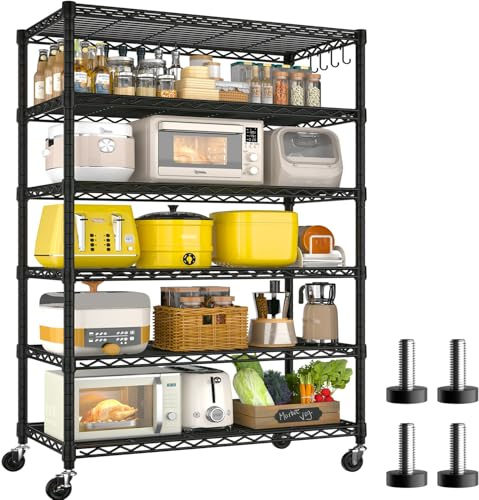 BuxWellBang 91x40x193cm Storage Shelf, 6 Tiers Heavy Duty Metal Storage Racking Shelf with Wheels, Load Capacity 680kg Shelving Unit for Kitchen Pantry Garage Shed Closet Warehouse Balcony Blac