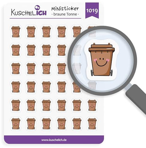 KuschelICH Miniaufkleber Braune Tonne – Müll-Aufkleber für Kalender & Bullet Journal – 36 Sticker – Bioabfall/Gartenabfall – Made in Germany (Braun)