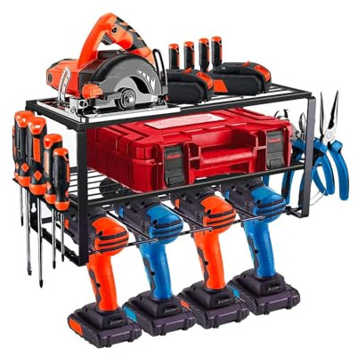 Avilia - Porta Attrezzi da Parete in Acciaio con 4 Scomparti e Ripiani in Griglia, Pannello Portautensili da Lavoro Salvaspazio per Garage e Officina, Facile da Installare