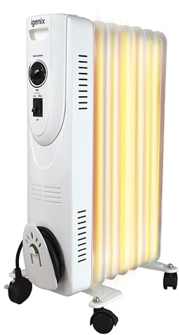 Igenix IGHO02615W 1.5kW Oil Filled Radiator Electric Heater – 7 Fins, Portable Design, Adjustable Heat Setting, 1.4m Cable – White