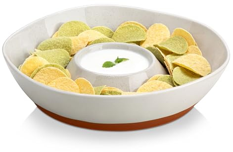 MALACASA Ceramic Chips and Dip Serving Tray, 12 Inch Large Divided Bowls Set for Salsa, Veggies & Dip, Appetizers, Snacks, Free-Form Serving Dish Platter for Parties Hosting & Entertaining, Gray