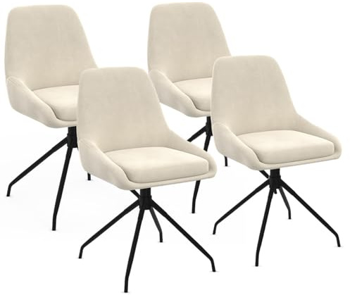IDMarket - 4er-Set THALYA-Drehstühle (360° drehbar) aus beigem Samt mit Armlehnen