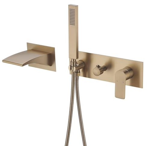 Sailainuo Brushed Brass Waterfall Wall Mounted Bath Shower Mixer Tap Gold