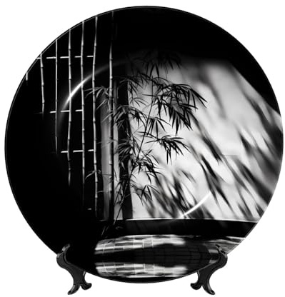PHAYAH Assiette décorative en porcelaine anglaise avec support de présentation - Assiettes rondes pour la maison et le bureau - Motif bambou