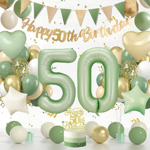 50 Geburtstag Deko Frauen, Deko 50 Geburtstag Mann Frau, 50 Geburtstag Mann | SalbeigrüNe Geburtstagsdeko 50 Luftballon mit Happy Birthday Banner, 50.Ter Geburtstag Dekoration, Party Dekoration Frau