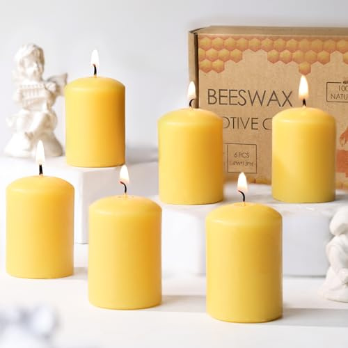 6 Pack Beeswax Votive Candles,11 Hour Unscented Small Pillar Candles | Natural Yellow Beeswax, Cotton Wicks,Smokeless Clean Burn,3.5 x 4.7 cm for Votive Holders, Prayer, Weddings and Home Décor