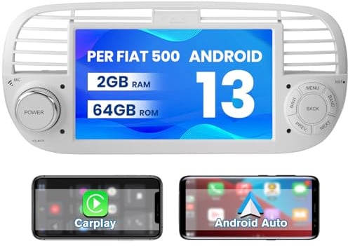 Junsun universal Android Autoradio für FIAT 500 2007-2015 (Weiß) 2GB+64GB | radio with 7 zoll Touchscreen CarPlay, Android Auto, FM Radio, Bluetooth, WLAN, Navigtion, Lenkradsteuerung