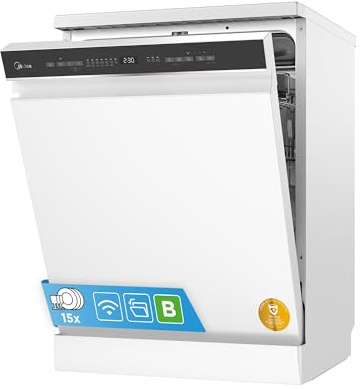 Midea Geschirrspüler 60 cm Freistehend & Unterbaufähig 15 Maßgedecke EEK B | Spülmaschine 42 dB Leise, Auto Open Türöffnung, HygienePlus, Ion Dishfresh, WLAN App-Steuerung, 9 Programme, Startzeitvorwahl