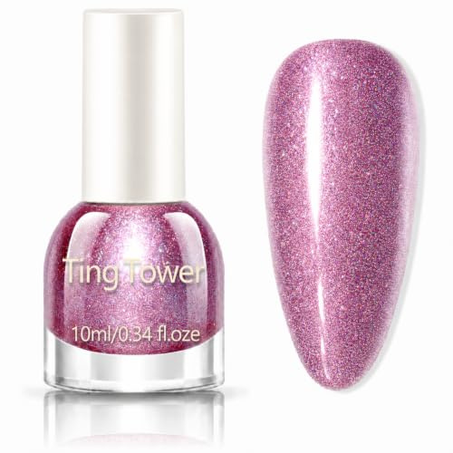 Glitter Nail Polish, Bright Pink Nail Varnish, Quick Dry, No UV Lamp, 10ml | Bright Pink Holographic Shimmer with Buildable Sparkle for Everyday Nails, Parties and Easy Home DIY Manicures