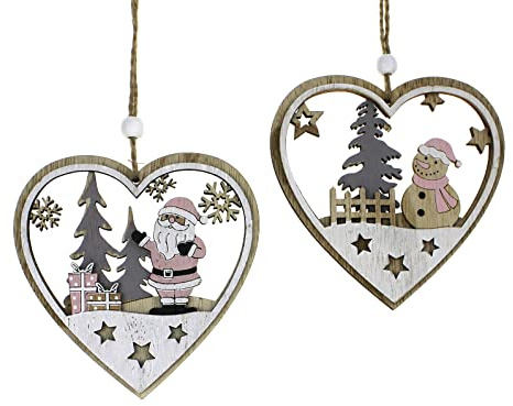 2x Deko Anhänger Herz mit Winter Motiv 11 cm, Holz natur weiß braun grau rosé, Pappelholzanhänger Holzdeko Zierschmuck Weihnachtsdeko