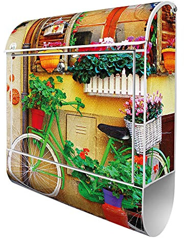 banjado® Design Briefkasten mit Grünes Fahrrad 38,5x46,5x13cm & 2 Schlüssel - Briefkasten Stahl weiß mit Zeitungsfach pulverbeschichtet - Postkasten A4 Einwurf inkl. Montagematerial