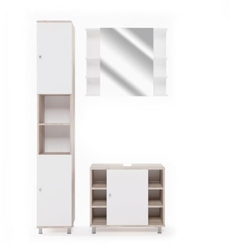 Vicco Badmöbel-Set Fynn, Badezimmerschrank-Set, Sonoma/Weiß, 3 Teile, mit Hochschrank