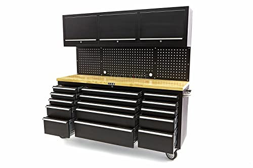 HBM-Werkbank mit Unterschrank und Holzarbeitsplatte, 182 cm, schwarz