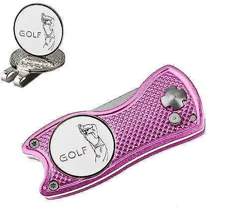 Crestgolf Divot-Werkzeug mit Pop-up-Taste und magnetischem Ballmarker, Platzmarkierung, leichtes tragbares faltbares Miniwerkzeug (pink)