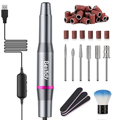 Bestidy Electric Nail Drill Kit, USB Manicure Pen Sander Polisher With 6 Pieces Changeable Drills And Sand Bands for Exfoliating, Grinding, Polishing, Nail Removing, Acrylic Nail Tools (Gray)