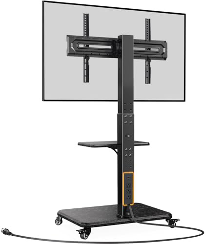 Perlegear - Soporte de TV móvil con Toma de Corriente, inclinación y giratoria para televisores de 32 a 65 70 75 Pulgadas de hasta 100 Libras, Soporte de TV rodante de Altura Ajustable con Ruedas,
