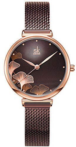 Alienwork Montre Femme Or Rose Bracelet Maille Brun élégant