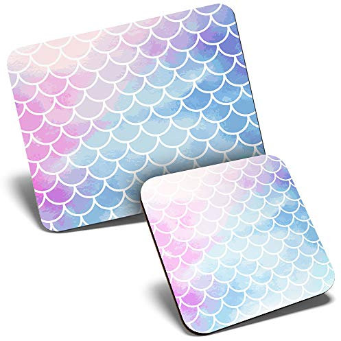 Mouse Mat & Coaster Set - Mermaid Scale Pattern Pink Blue Girls 23.5 x 19.6 cm & 9 x 9 cm for Computer & Laptop, Office, Gift, Non-slip Base #15528