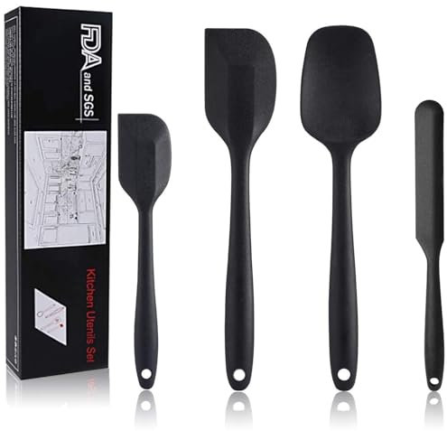 4Pcs Spatule en Silicone - Grattoir Antiadhésif Très Résistant à la Chaleur avec Grande Spatule à Pâte en Caoutchouc (Noir)