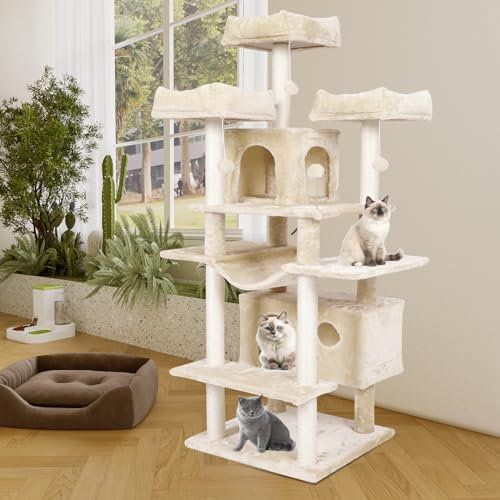 MSmask MSmask Grand arbre à chat, taille XXL, 175 cm, stable, avec 3 grandes plateformes d'observation, pour grands chats, griffoirs en sisal, beige