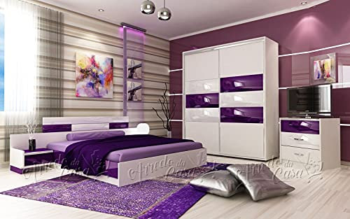 Camera da Letto Matrimoniale Viola Lucido E Bianco Lucido Composta da Armadio Comodini Cassettiera E Letto Offerte Zona Notte Conveniente CDLU16
