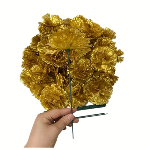 Rikyo Künstliche Nelkenköpfe aus Seide, mit Stielen für Hochzeit, Heimdekoration, Events, Partys, Kränze für Handgelenk, Corsage, 7.6 cm Nelkenköpfe mit 20.3 cm Stielen (Gold), 50 Stück