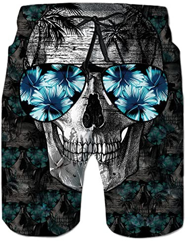 Herren Schädel Badehose für Männlichen Sommer Hawaiian Strand Outfits Erwachsene Bro Grau Weiß Palme Long Boardshorts mit Kordelzug 80er 90er Jahre Jugend Jungen Schwarz Sport Surfhose,XXL