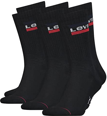 LEVIS Herren Socken Regular Cut 120SF SPRT LT 3er Pack Crew Sportsocken Baumwolle 35-38 39-42 43-46 Schwarz Weiß Blau Grau, Größe:35-38, Farbe:Black (003)