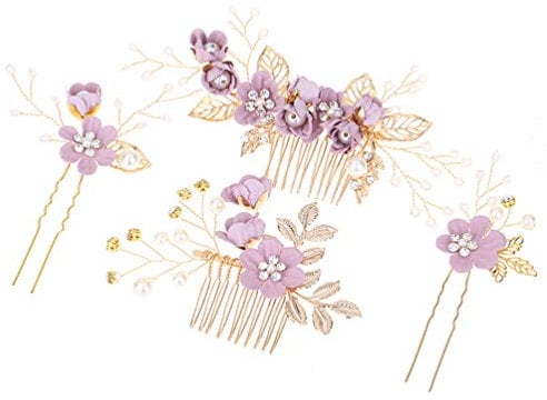 Toyvian Bridal Hair Piece 4pcs Handmade Wedding Hair Comb Clip Floral Girls Bridal Hair Accessories Rhinestone Hair Piece for Brides and Bridesmaid (Purple) Hair Combs