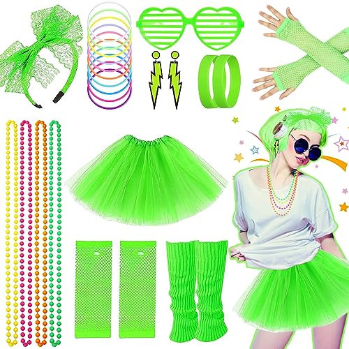 80s Fancy Dress for Women Girls, 1980s Party Green Costume Accessories Set Tutu Skirt Leg Warmers Fishnet Gloves Glasses Earrings Bracelet Necklace Headband, Retro Outfit for 80s Party, Dress up Day