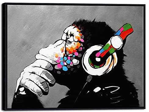 Wieco Art Großer schwarzer gerahmter Affe mit Kopfhörern, Banksy-Graffiti-Kunst, abstraktes Leinwandbild für Heimdekoration, Wandkunst für Wohnzimmerdekoration, Wanddekoration und Bürodekoration