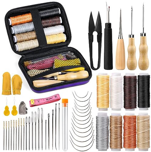 Tikjiua 54-teiliges Polster-Reparatur-Nähset, 8-teiliges gewachstes Garn, Leder-Nähnadeln, Nähnadelle, Fingerhut, strapazierfähiges Polster-Reparatur-Set für Autositz, Rucksack, Teppich, Stiefel,