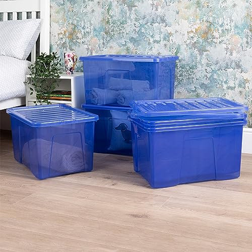 Wham Crystal 5x 60L Plastic Storage Boxes with Lids Tint Spectrum Blue. Large Size, Strong (Pack of 5, 60 Litre). Made in the UK