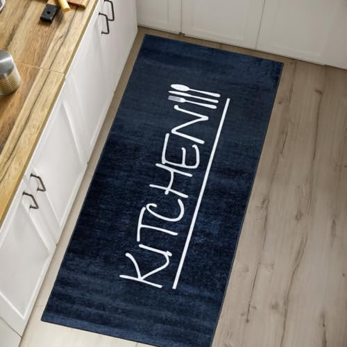 Mazovia Alfombra de Cocina Antideslizante - Pelo Corto - Certificado Oeko-Tex - Lavable a 30°C - Cuidado Fácil - 80 x 300 cm - Azul Marino