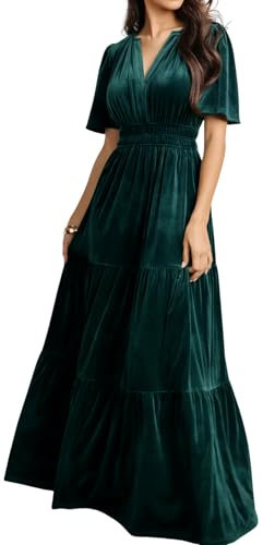 R.Vivimos Automne Hiver Femmes Velours Maxi Robe Manches Courtes V Col en échelons Ruffle Une Ligne Robe Vintage(S,DarkGreen)