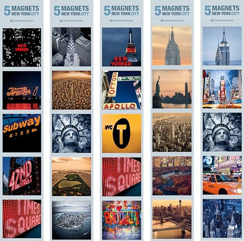 Set of 25 New York Refrigerator Magnets in Elegant Packaging Inside 5 Crystal Clear Bags of 5 Magnets Each. Our Fridge Magnets are Made in USA