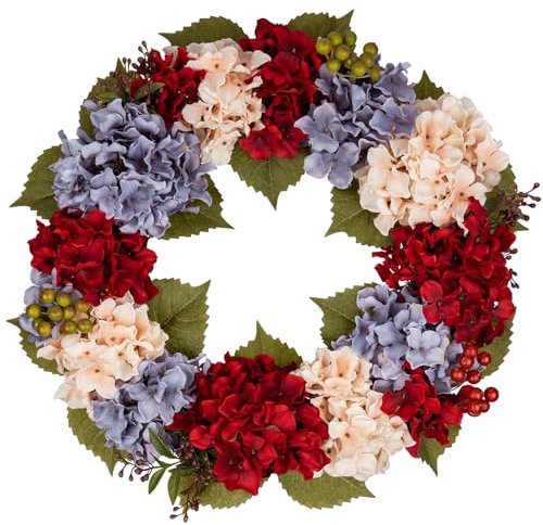 20'' Artificial Hydrangea Wreath, Fake Flower Wreath for Front Door, Blue Red Faux Hydrangeas for Summer & Autumn Decorations, Floral Arrangement for Mantel, Kitchen, Farmhouse, Wall Decor