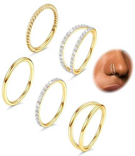 CASSIECA 5Pcs 18G Surgical Steel Nose Rings Hoop for Women Gold Septum Ring