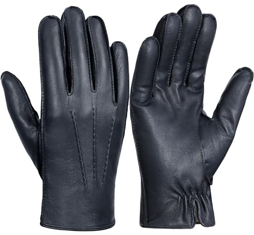 GSG SINCE 1998 Herren Lederhandschuhe aus chromfrei gegerbtem Lammleder mit Touchscreen, Gefüttert mit Wollmix, Winterhandschuhe für Auto & Alltag Navy blau M