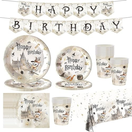 Harry Geburtstag Deko,Magischer Wizard Partygeschirr Set,82 Stück Wizard Pappteller Becher, Servietten, Tischdecke und Happy Birthday Banner für Kindergeburtstag Party Dekoration 20 Gäste