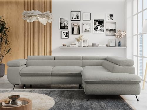 MKS MEBLE Ecksofa Wohnlandschaft L-Form mit Schlaffunktion und Bettkasten, Schlafsofa mit Bettkasten, Sofa mit Einstellbare Kopfstützen, Peter L - Boucle - Rechts Hellgrau