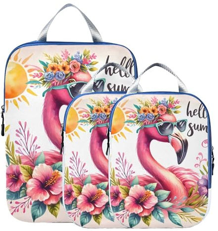 ALAZA Kompressions-Verpackungswürfel für Koffer, 3er-Set, Flamingo, mit Sonnenbrille, Blumenkranz, Sommer, Reisegepäck, Organizer, Packwürfel für Kleidung, Schuhe, Zuhause, Aufbewahrung