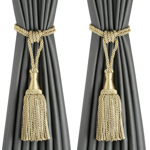 BEL AVENIR Quasten-Vorhang-Raffhalter, modernes Seil, Fenstervorhang, Raffhalter für Vorhänge, Outdoor, elegant, dekorative Vorhanghalter mit Quaste (Gold, 2 Stück)