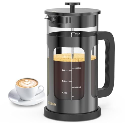 QUQIYSO French Press Kaffeebereiter, 304 Edelstahl, französische Presse mit 4 Filtern, hitzebeständig, langlebig, leicht zu reinigen, Kaffeepresse aus Borosilikatglas, 100 % BPA-freie Glas-Teekanne,