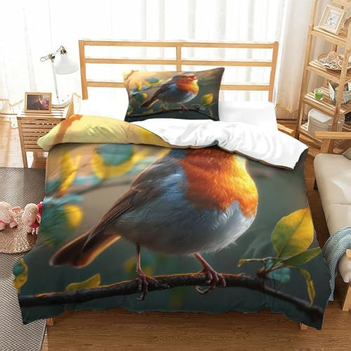 JiaTexJourney Rotkehlchen Vogel Bettbezug Bettwäsche-Sets Kinderbettwäsche-Set Reißverschluss Mit Kissenbezügen Betten Set Für Jugendliche Kinder Schlafzimmer Single(135x200cm)