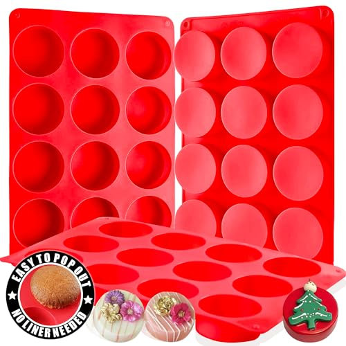 RUGVOMWM 3 Pcs Round Chocolate Cookie Molds,12 Cavity Silicone Chocolate Cookie Molds Non-Stick Round Baking Molds for Mini Cake, Oreo, Jelly - Red