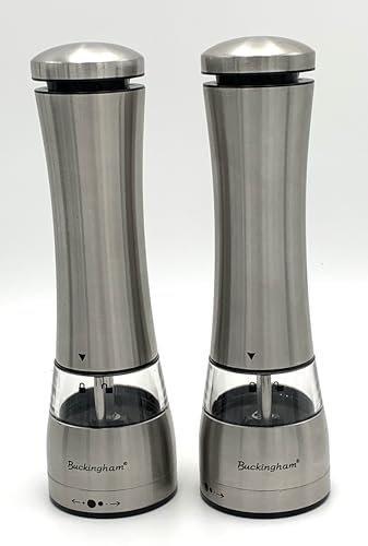 Buckingham 30910 Premium Electric Salt and Pepper Mills Set, Battery Adjustable Ceramic Grinders & One Touch Operation, Stainless Steel, Silver